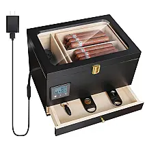 Umidor Elétrico Ronfnea Preto 65 Charutos com Controle de Umidade Digital e Madeira de Cedro Espanhol 240V