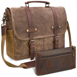 Bolsa Carteiro Masculina de Couro Genuíno para Laptop com 15,6 Polegadas e Estojo, NEWHEY, Marrom Escuro