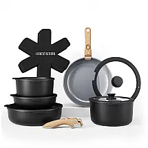 Jogo de Panelas e Frigideiras, Material em Alumínio com 16 Peças e Cabo de Madeira Removível, Country Kitchen, Preto e Cinza