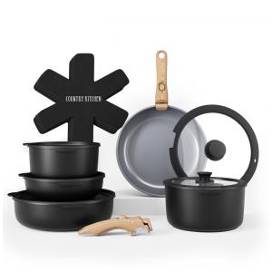 Jogo de Panelas e Frigideiras, Material em Alumínio com 16 Peças e Cabo de Madeira Removível, Country Kitchen, Preto e Cinza