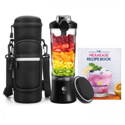Liquidificador portátil NexaEase 600ml preto com case térmico e livro de receitas recarregável USB-C
