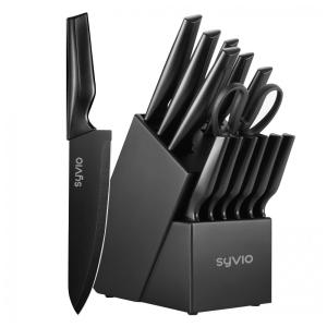Conjunto de Facas em Aço Inoxidável com Bloco de Bancada e Afiador Embutido, 14 Peças, Syvio, Preto
