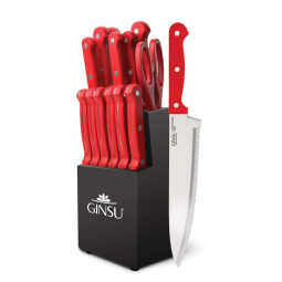 Conjunto de Facas em Aço Inoxidável com Bloco de Bancada, 14 Peças, Ginsu Kiso, Vermelho