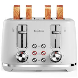 Torradeira Retrô 4 Fatias com Desligamento Automático e 6 Níveis de Tostagem, 110V 1500W, LONGDEEM, Branca