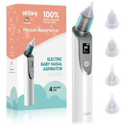Aspirador Nasal Elétrico para Bebê HITOMI Recarregável e Automático com 4 Pontas de Silicone, Cinza