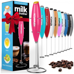 Espumador de Leite Portátil com Suporte de Aço Inoxidável, POWERLIX 111, Rosa