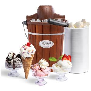 Sorveteira Elétrica Faz 5,5L, Iogurte Congelado, Gelato, Feito de Madeira, NOSTALGIA ICMP600WD, Marrom