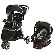 Carrinho de Bebê Travel System de 3 Rodas com Assento Reclinável, Armazenamento e 2 Porta-Copos, Graco FastAction, Preto e Cinza
