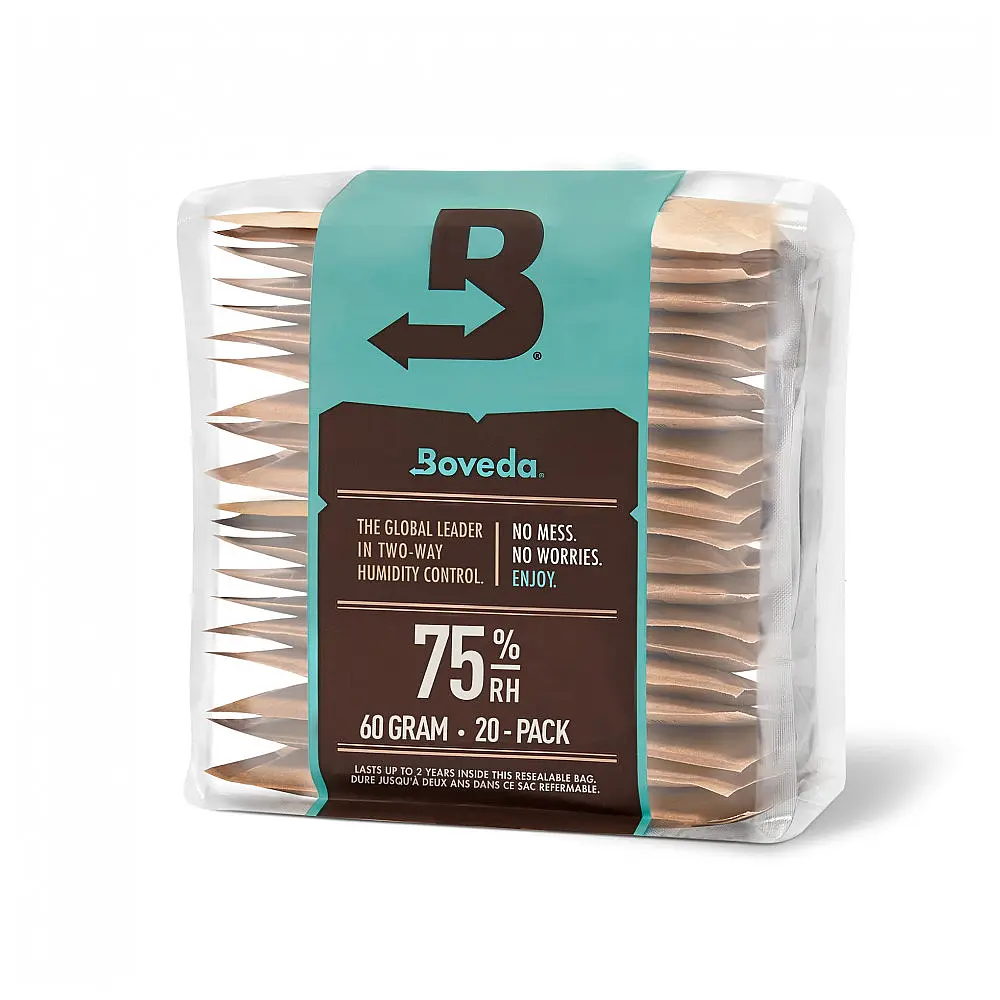 Pacotes de Controle de Umidade Boveda Marrom 75% 60g - Kit com 20 Unidades para Humidores de Charutos