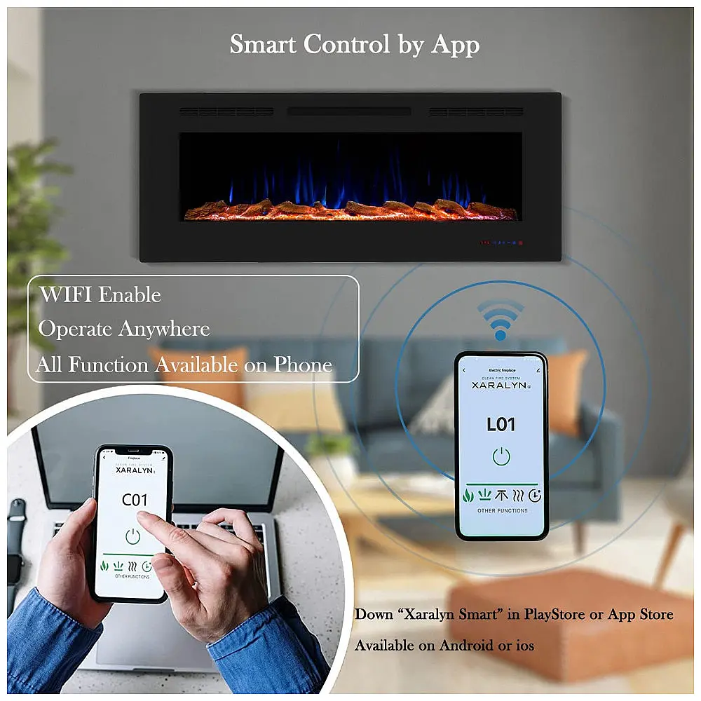 Lareira Elétrica Inteligente de 152 cm com Wi-Fi, Embutida ou de Parede, 13 Chamas e 3 Luzes, Controle Remoto, Timer, Termostato,Masarflame — foto 2