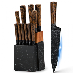 Conjunto de Facas em Aço Inoxidável com Bloco de Madeira, 12 Peças, Vvwgkpk, Marrom