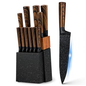 Conjunto de Facas em Aço Inoxidável com Bloco de Madeira, 12 Peças, Vvwgkpk, Marrom