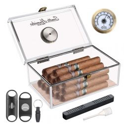 Umidor de Charutos Scotte Transparente em Acrílico com Higrômetro, Cortador e Punch – Capacidade para 20 Charutos