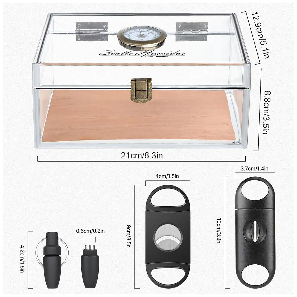 Umidor de Charutos Scotte Transparente em Acrílico com Higrômetro, Cortador e Punch – Capacidade para 20 Charutos — foto 3