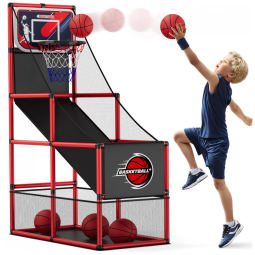 Jogo de Basquete Arcade Infantil com 4 Bolas e Bomba de Ar para Ambientes Internos e Externos, HYES, Vermelho e Preto
