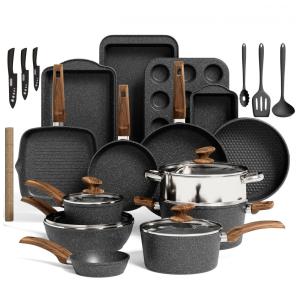 Jogo de Panelas e Frigideiras Antiaderentes em Granito com Utensílios, 30 Peças, KITCHEN ACADEMY BETTER, Preto