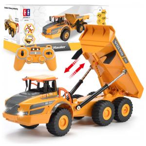 Caminhão Basculante de Controle Remoto DOUBLE E Volvo para Crianças, Articulado, Brinquedo de Construção com Luzes, Presente de Aniversário