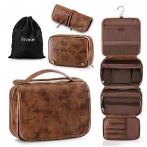 Necessaire Masculina de Couro, 3 em 1, ELVIROS, Marrom Escuro