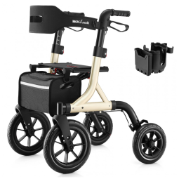 Andador Dobrável para Idosos com Assento, Ajuste de Altura e Rodas Grandes, MAXWALK, Ouro