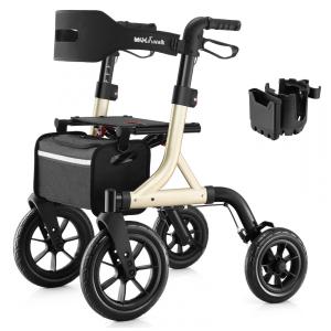 Andador Dobrável para Idosos com Assento, Ajuste de Altura e Rodas Grandes, MAXWALK, Ouro