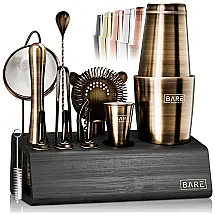 Kit Bartender Profissional 14 Peças em Aço Inoxidável com Suporte de Bambu, Bare Barrel, Preto