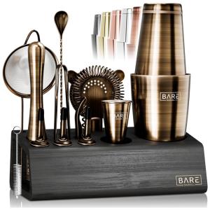 Kit Bartender Profissional 14 Peças em Aço Inoxidável com Suporte de Bambu, Bare Barrel, Preto