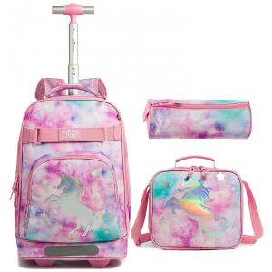 Mochila Escolar Infantil com Rodinhas 3D 45cm IvyH, 3 Peças com Lancheira para Meninos e Meninas, Rosa