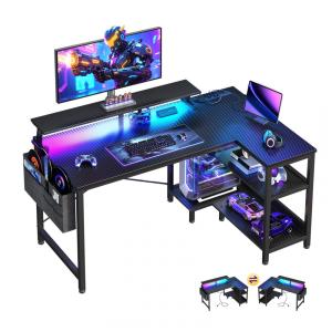Mesa Gamer de Fibra de Carbono 40" 101 cm com Tomadas, Portas USB, Luz LED, Prateleiras de Armazenamento e Suporte para Monitor, 110V, ODK
