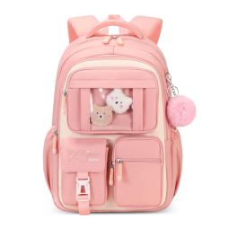 Mochila escolar infantil SPORTBANG kawaii 3 peças, grande capacidade, com estojo transparente e chaveiro de pompom, bege e rosa