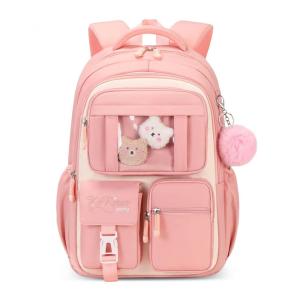 Mochila escolar infantil SPORTBANG kawaii 3 peças, grande capacidade, com estojo transparente e chaveiro de pompom, bege e rosa