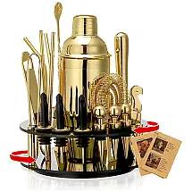 Kit Bartender Profissional 19 Peças em Aço Inoxidável com Suporte de Acrílico Giratório, X cosrack, Dourado
