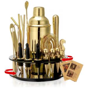Kit Bartender Profissional 19 Peças em Aço Inoxidável com Suporte de Acrílico Giratório, X cosrack, Dourado