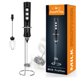 MF02 Espumador Elétrico de Leite em Aço oxidável, Recarregável USB com Suporte, FOODVILLE 2 in 1, Preto