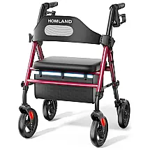 Andador Dobrável para Idoso com Assento, Rodas 20 cm para Todos os Terrenos, Altura Ajustável, Suporta 158 kg – HOMLAND Vermelho