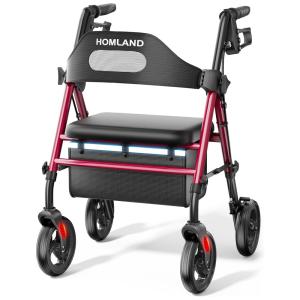 Andador Dobrável para Idoso, com Assento, Rodas Grandes de 20 cm para Todos os Terrenos, Altura Ajustável e Suporta até 158 kg, HOMLAND