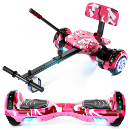 Scooter de Equilíbrio com Assento para Crianças e Adultos, 6,5” e 8,5” com Bluetooth, Luzes LED Coloridas e Kart – Camuflado Rosa