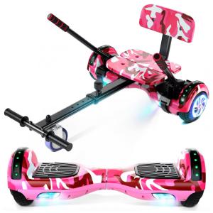 Scooter de Equilíbrio com Assento para Crianças e Adultos, 6,5” e 8,5” com Bluetooth, Luzes LED Coloridas e Kart – Camuflado Rosa