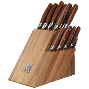 Conjunto de Facas com Afiador Embutido e Bloco de Bancada 17 Peças, TUO, Marrom