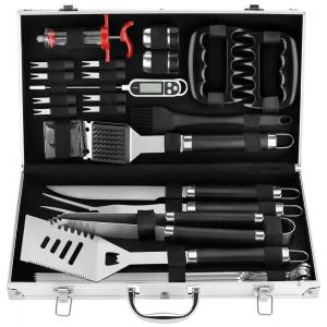 Kit Churrasco na Grelha 26 Peças de Aço Inoxidável, Termômetro e Injetor de Carne com Estojo de zenamento, POLIGO, Prateado