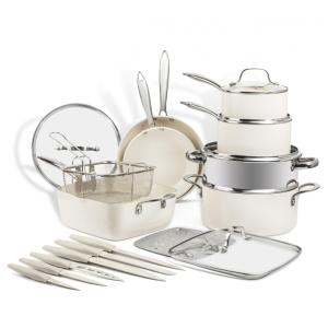 Conjunto de Panelas e Frigideiras Antiaderentes de Cerâmica não Tóxica 20 Peças com Acessórios, Gotham Steel, Creme Branco