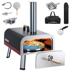 Forno de Pizza Portátil de Duplo Combustível Lenha e Gás para Uso ao Ar Livre com Acessórios, Piasgde, Preto