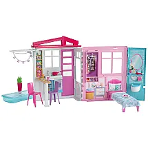 Casa de Bonecas Barbie Portátil com Alça de Transporte e Acessórios, Cozinha, Quarto, Banheiro e Piscina no Pátio