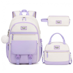 Mochila escolar juvenil Bevalsa roxa e bege com estojo e lancheira 45 cm e porta USB