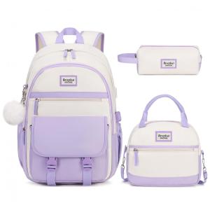 Mochila escolar juvenil Bevalsa roxa e bege com estojo e lancheira 45 cm e porta USB