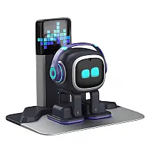 Robô Companheiro Inteligente EMOPET AI Preto e Prateado – Comandos de Voz, Dança e Base de Recarga