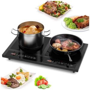 Cooktop Elétrico de Indução Portátil com 2 Queimadores e Controle Digital Independente, 110V 1800W, COSTWAY, Preto