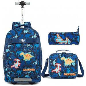 Mochila Escolar Infantil com Rodinhas 3D 45cm IvyH Dinossauro 3 Peças com Lancheira para Meninos e Meninas, Azul