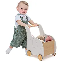 Andador de Madeira para Bebê BABY JOY, 2 em 1 com Baú para Brinquedos, 4 Rodas Antiderrapantes, Andador Empurra/Puxa para Crianças de 1 a 3