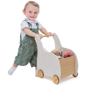 Andador de Madeira para Bebê BABY JOY, 2 em 1 com Baú para Brinquedos, 4 Rodas Antiderrapantes, Andador Empurra/Puxa para Crianças de 1 a 3