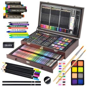 Kit de Pintura 145 Peças, caixa de madeira, giz de cera, lápis de cor, pastéis oleosos, aquarela, Sunnyglade, Marrom